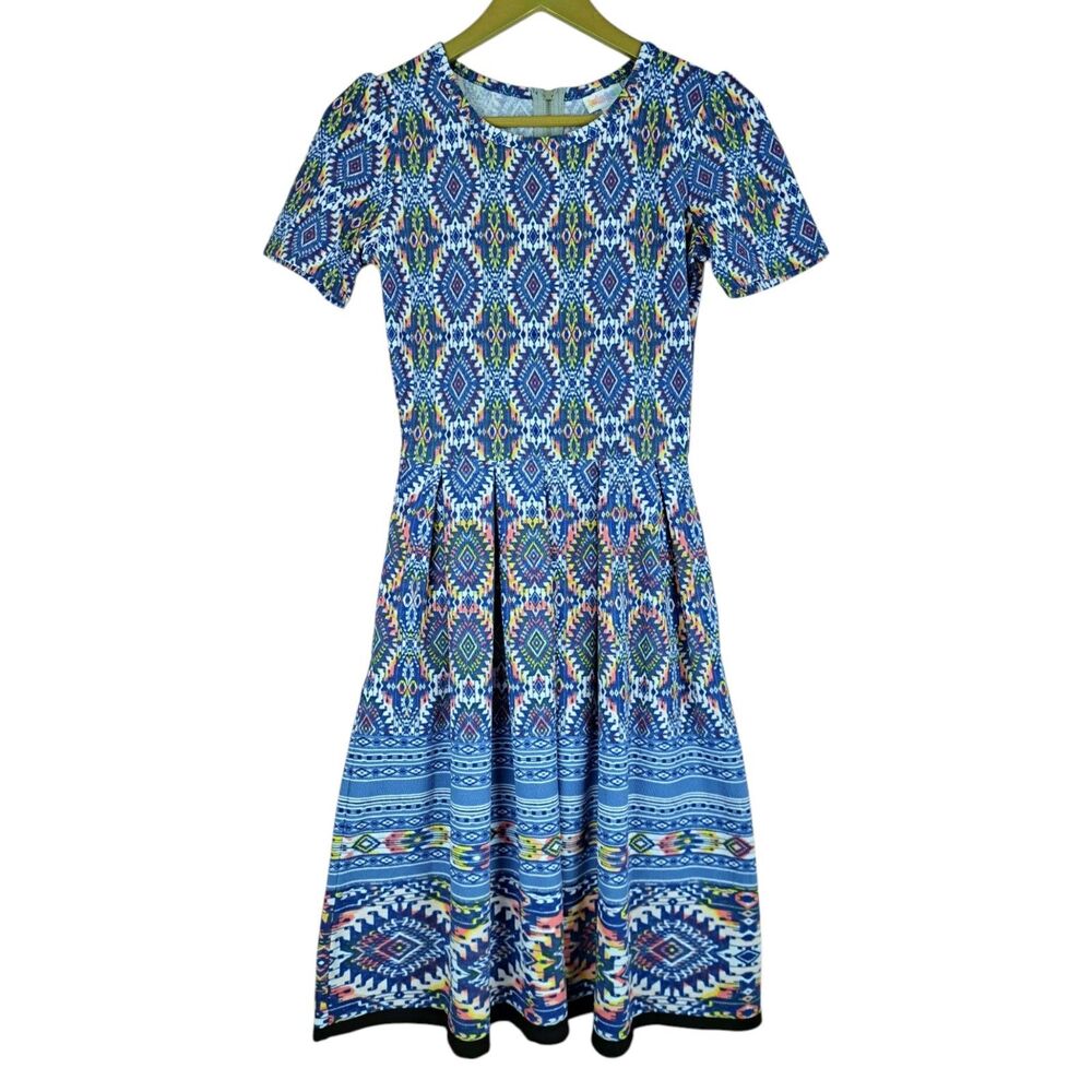 Lularoe Amelia Dress Bright Geometric Print Zip Closure Size XS With Pockets
